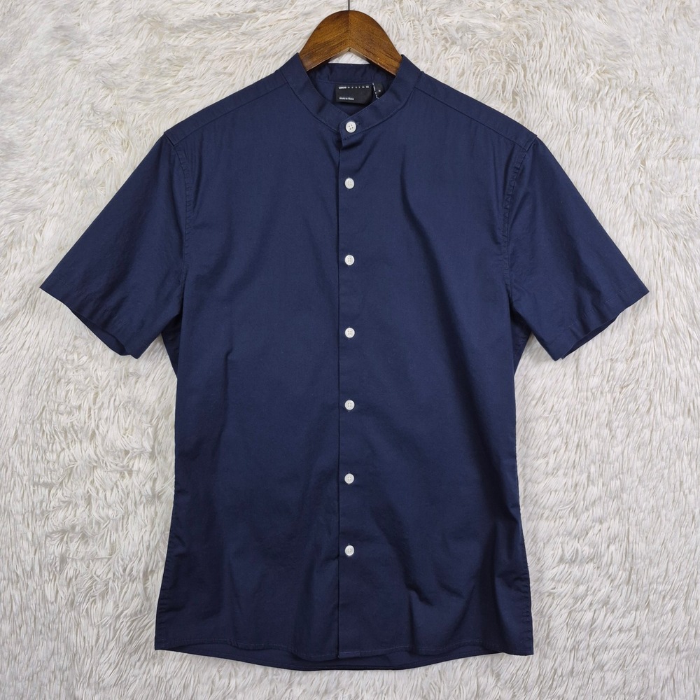 ASOS DESIGN Mens Navy Blue Grandad Collar Short Sleeve Slim Fit Shirt Small